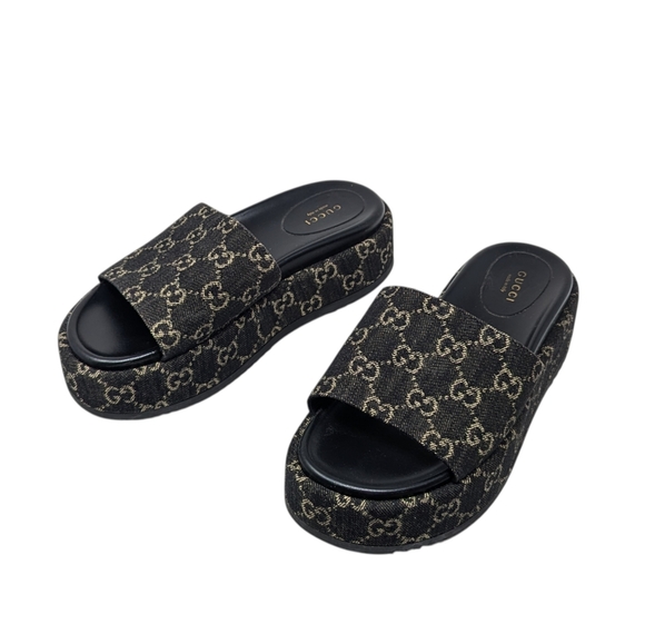 Gucci Shoes - Gucci Jacquard Black Denim GG Monogram Angelina Platform Slide Sandal EU 38.5